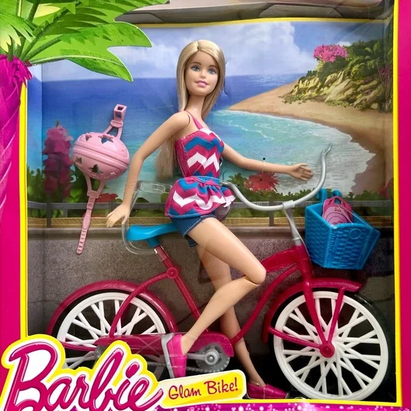 NEW Barbie Glam Bike Pink Helmet Blue Basket Jointed Doll Kids Toy Bicycle Set - Picture 2 of 13